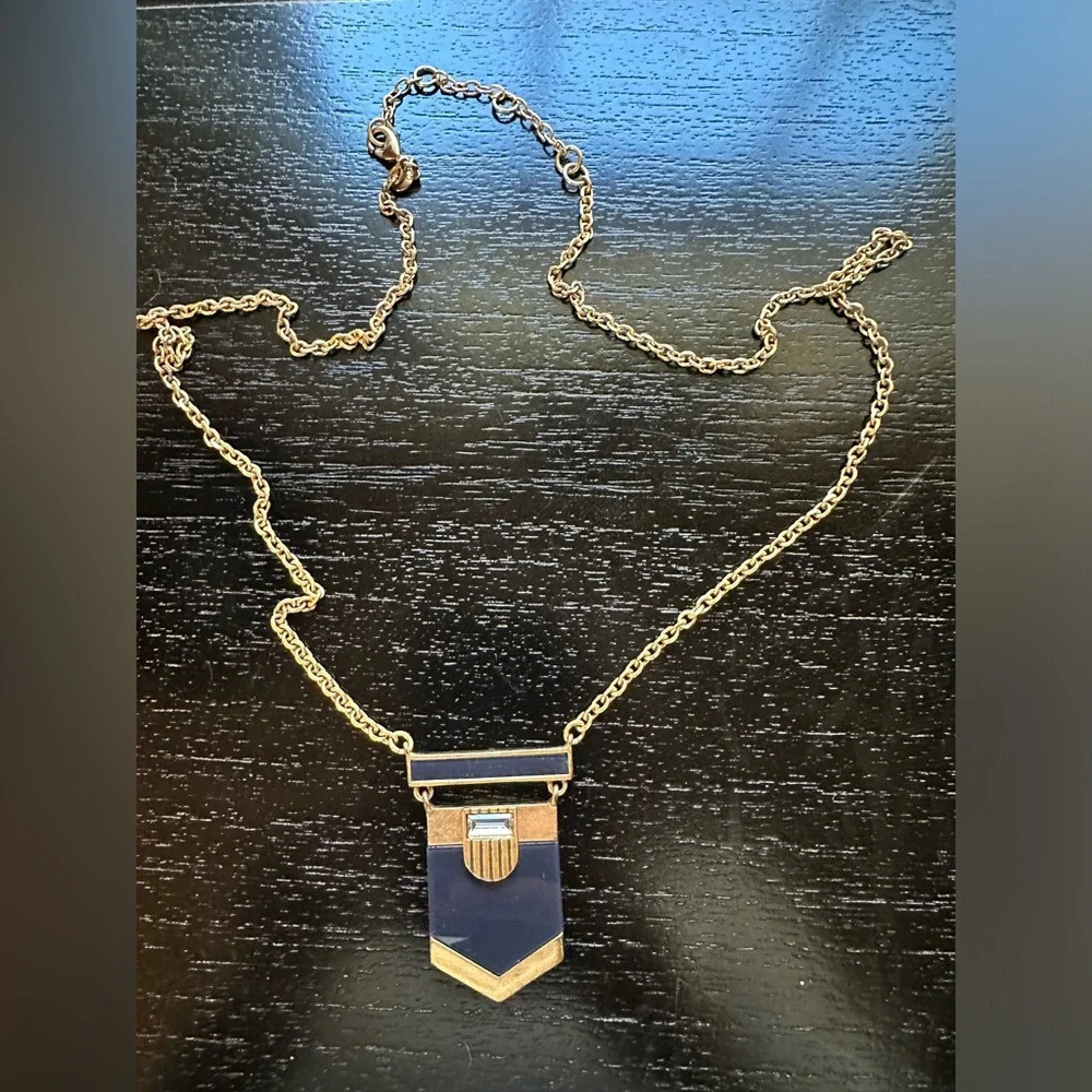J. Crew Pendant Necklace, Gold Tone Double Pieces w Rhinestone